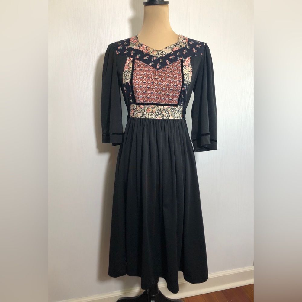 Young Edwardian Prairie Dress Womens Med Vintage Calico Peasant Sleeve Fit Flare